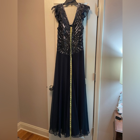 J Kara Gown Maxi Dress Sequin Beaded V Neck V Back Flutter Sleeve A-Line Blue 16 - Picture 13 of 16